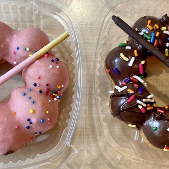 Mochinut - a chocolate donut and a pink donut with sprinkles - Bakeries Near Me - Kingston, Massachusetts