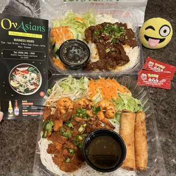 OvAsians - V7. Pork, Shrimp, Egg Roll Vermicelli 19.95 (can skip skewer) | R5. Ribeye w/ Rice 16.95 (wouldn't know it was that cut if menu didn't say) - Vietnamese Near Me - Livermore, California