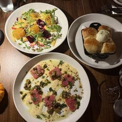 Richardson's Tavern - Beet & apple salad, parker house rolls, tuna carpaccio