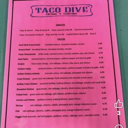 Taco Dive - Tacos menu front side, must try brisket queso!