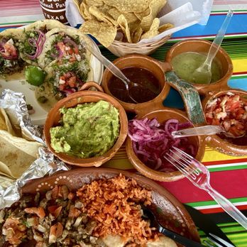 Taqueria El Milagro - Chopped steak plate, 5 assorted tacos, guacamole, and chips. - Mexican Near Me - Terlingua, Texas Taqueria El Milagro - Chopped steak plate, 5 assorted tacos, guacamole, and chips. - Mexican Near Me - Terlingua, Texas