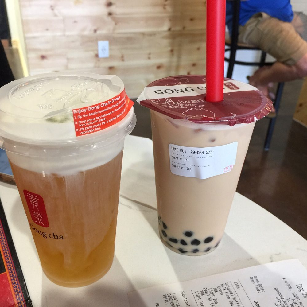 Gong Cha - Milk foam tea (left), and boba milk tea (right). Both medium sizes - Bubble Tea Near Me - Austin, Texas