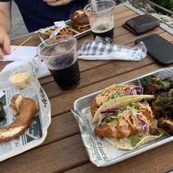 Twin Oast - Perch tacos, pretzel, oast burger, fries, Brussels sprouts