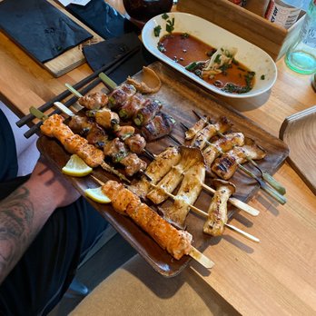 Oak & Coal - Main entry skewers . Salmon , pork belly , bacon wrapped asparagus, mushrooms , and more ! - Japanese Near Me - Costa Mesa, California