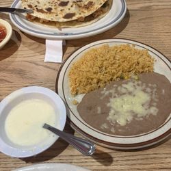 El Azteca - Texas Fajita Quesadilla, rice and beans, and cheese dip