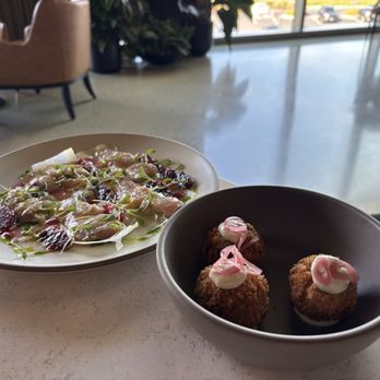Camber - Amberjack crudo and mushroom croquettes - Cocktail Bars Near Me - South San Francisco, California Camber - Amberjack crudo and mushroom croquettes - Cocktail Bars Near Me - South San Francisco, California