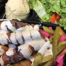 Kefka Kebab Plate w/ spicy potatoes, hummus, and fattoush salad.