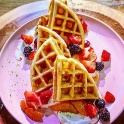 Chef Jenn Cooks - The Brunch of your dreams awaits; Belgium waffles with rosewater and lime infused fruit salad with whipped cream