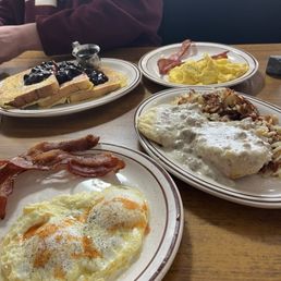 Biscuits and gravy platter lemon blueberry French toast
