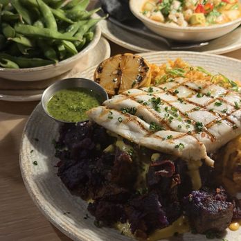 Pacific Catch - Barramundi Sea Bass (sides: Okinawan Purple Sweet Potato, Kimchi Fried Rice), Steamed Edamame, and Ceviche Mixto - Seafood Near Me - Brea, California Pacific Catch - Barramundi Sea Bass (sides: Okinawan Purple Sweet Potato, Kimchi Fried Rice), Steamed Edamame, and Ceviche Mixto - Seafood Near Me - Brea, California