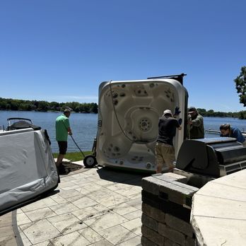 Two Guys and a Spa Dolly - On its side to make it down narrow path - Pool & Hot Tub Service Near Me Two Guys and a Spa Dolly - On its side to make it down narrow path - Pool & Hot Tub Service Near Me
