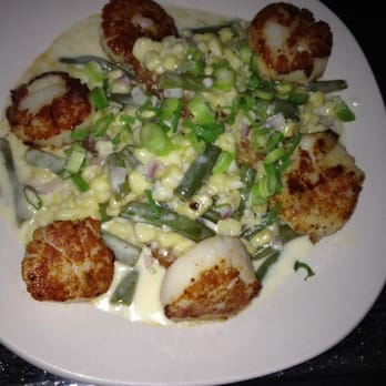 Cafe Mirage - Scallops with grit cakes and succotash. Yum! - New American Near Me - Ocean City, Maryland Cafe Mirage - Scallops with grit cakes and succotash. Yum! - New American Near Me - Ocean City, Maryland