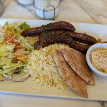 Meza n Moka - Algerian Merguez sausage platter with couscous - Mediterranean Near Me - Livermore, California Meza n Moka - Algerian Merguez sausage platter with couscous - Mediterranean Near Me - Livermore, California