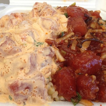 Ono Seafood - spicy ahi and shoyu ahi poke over brown rice - Seafood Near Me - Honolulu, Hawaii
