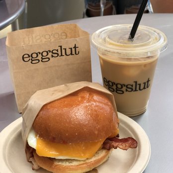 Eggslut - bacon egg and cheese with a cold brew iced coffee - Breakfast & Brunch Near Me - Los Angeles, California