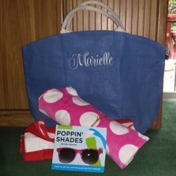 I love my monogrammed beach bag, towels and sunglasses!! Thank you chateau sew & sew and Yelp!