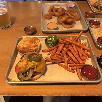 The Grill 1646 - Classic bacon burger with grilled jalapeños & grilled onions & sweet potatoes - Burgers Near Me - Lincoln City, Oregon