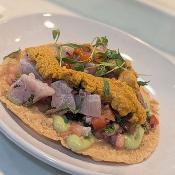 Holbox - Smoke kampachi + uni tostada. - Latin American Near Me - Los Angeles, California Holbox - Smoke kampachi + uni tostada. - Latin American Near Me - Los Angeles, California