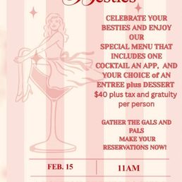 A pink and white striped flyer advertising a brunch event called 'Brunch with the Besties' at M’tucci's Bar Roma, featuring cocktails, entrees, and a charity donation.