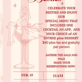 M’tucci’s Bar Roma - A pink and white striped flyer advertising a brunch event called 'Brunch with the Besties' at M’tucci's Bar Roma, featuring cocktails, entrees, and a charity donation. - Cocktail Bars Near Me - Albuquerque, New Mexico