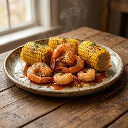 Juicy Cajun shrimp and sweet corn tossed in buttery garlic sauce. Fresh seafood flavors served hot and delicious.