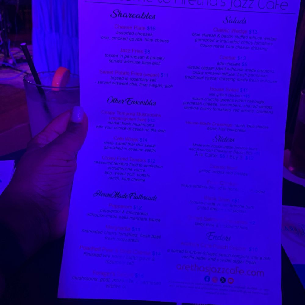 Aretha's Jazz Cafe - Menu for the Aretha Jazz Cafe is - Dinner Theater Near Me - Detroit, Michigan Aretha's Jazz Cafe - Menu for the Aretha Jazz Cafe is - Dinner Theater Near Me - Detroit, Michigan