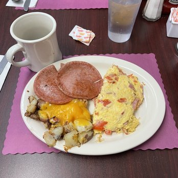 Old Croydon Cafe - Pork roll omelette with cheese, and tomatoes. Side of pork roll, potatoes with cheddar cheese and onions. Coffee, and wheat toast. - Breakfast & Brunch Near Me - Croydon, Pennsylvania