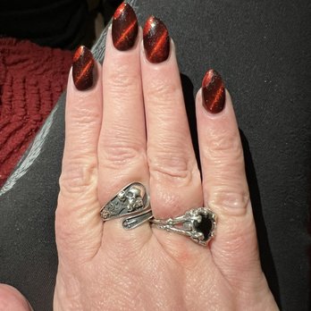 Express Nails Spa - Full set of almond shaped acrylics with Red cats eye polish! I've definitely went "rouge" - Nail Salons Near Me - Asheville, North Carolina