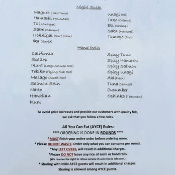 Kats Sushi - Menu for "All You Can Eat" AYCE sushi, about $34.50/ per person (7/2023). - Sushi Bars Near Me - Honolulu, Hawaii