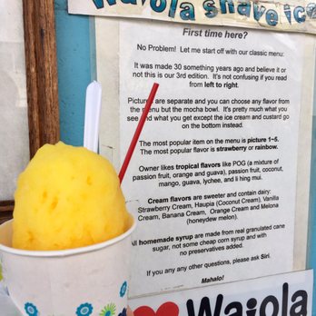 Waiola Shave Ice - Passion fruit shaved ice next to some really detailed info sheet - Ice Cream & Frozen Yogurt Near Me - Honolulu, Hawaii Waiola Shave Ice - Passion fruit shaved ice next to some really detailed info sheet - Ice Cream & Frozen Yogurt Near Me - Honolulu, Hawaii