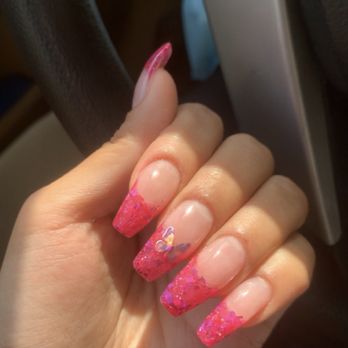 Grace Nail & Spa - French powder tips with a butterfly sticker - Nail Salons Near Me - Bayside, New York