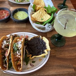Coyote Flaco Mexican Restaurant - One Steak Taco, One Chicken Taco, Side of Beans, and a House Margarita