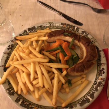 Auberge de Savièse - Grilled veal sausage with vegetables and French fries - Swiss Food Near Me - Geneva, GE