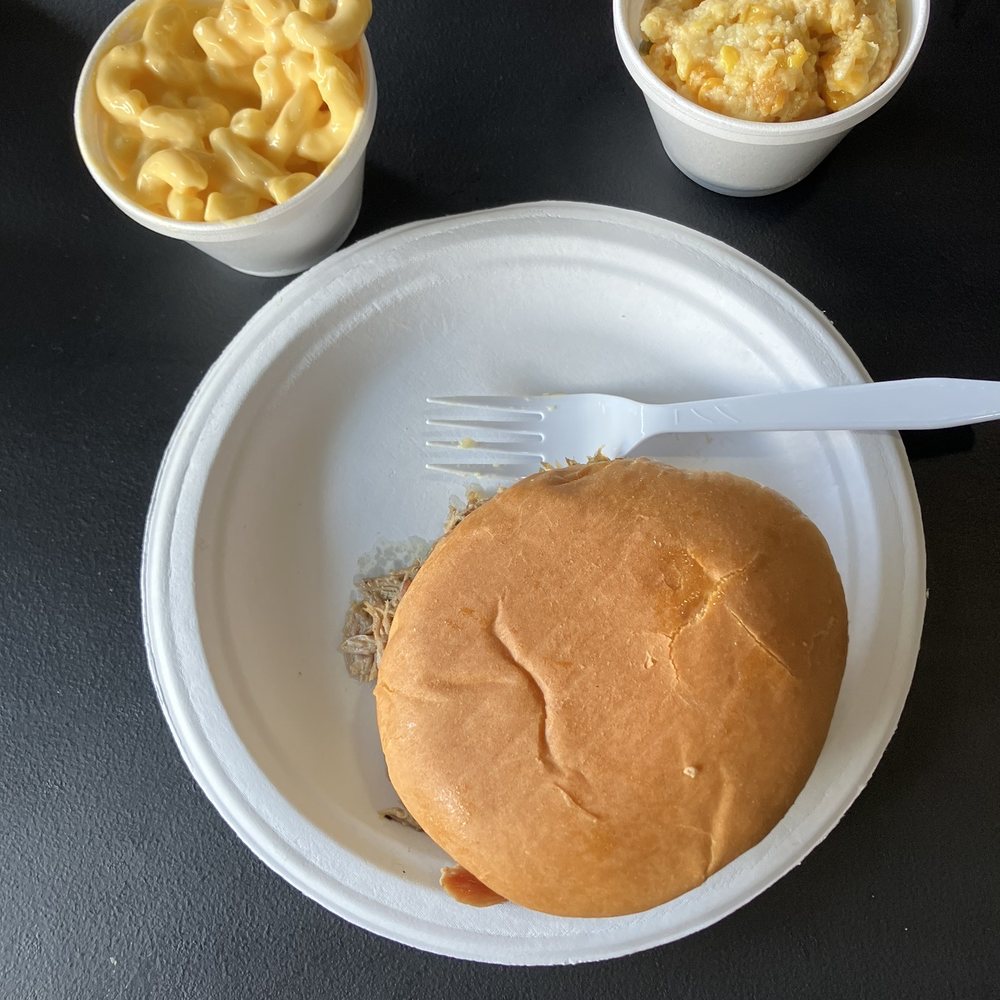 Pulled pork sandwich jalapeño corn bake and Mac and cheese. Pulled pork sandwich jalapeño corn bake and Mac and cheese.