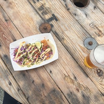 Deckhand Dave's Fish Tacos - Taco sampler - 1 of each (salmon, halibut and rockfish) and the local IPA from brewery next door - also yummy! - Food Trucks Near Me - Juneau, Alaska