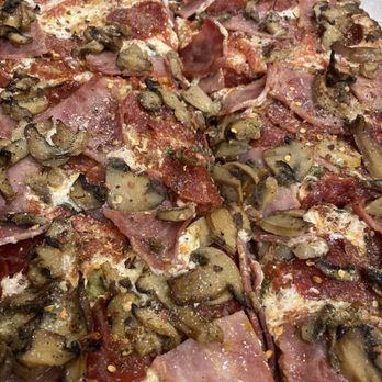 Louie's Pizza - Grandma pie with mushrooms, pepperoni, ham - Italian Near Me - Elmhurst, New York Louie's Pizza - Grandma pie with mushrooms, pepperoni, ham - Italian Near Me - Elmhurst, New York