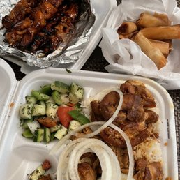 Chicken BBQ skewers, Filipino Chicken Adobo, Chicken Eggrolls (Chicken Lumpia)