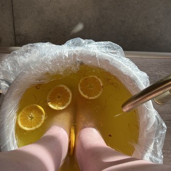 Nailogy Lab - Soak at the start of the Sunrise Mimosa pedicure. It smelled delicious! - Nail Salons Near Me - Placentia, California