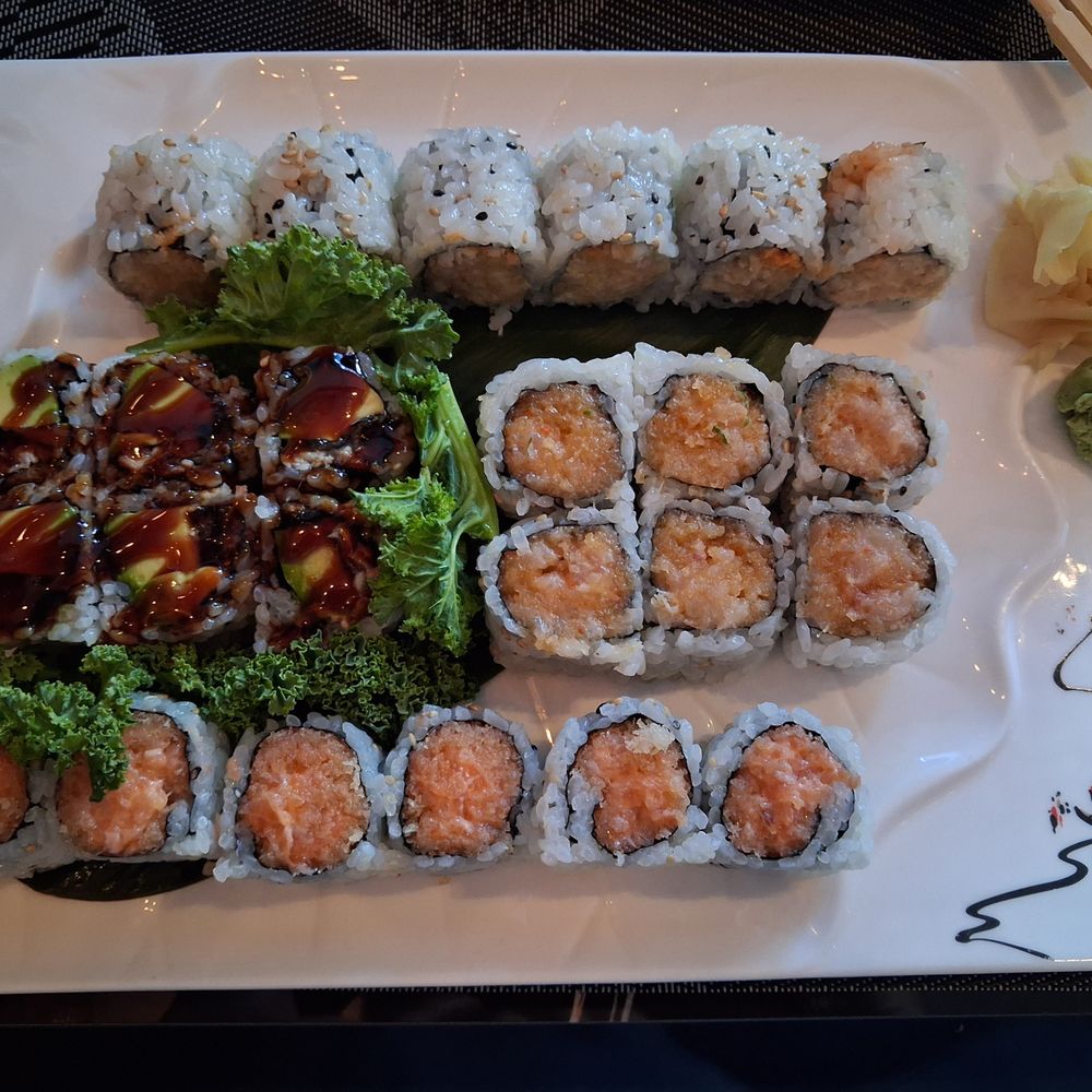 Blu Sushi - Clockwise: Spicy White Fish, Spicy Yellowtail, Spicy Salmon, Eel Avocado Rolls - Sushi Bars Near Me - Ridgewood, New Jersey