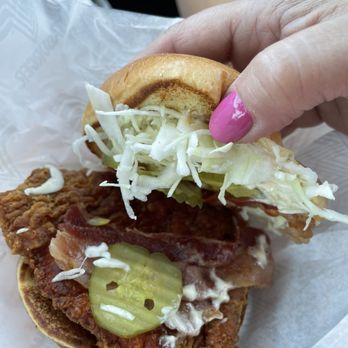Whataburger - Inside of the Southern Bacon Spicy Chicken sandwich- has quite the kick! - Burgers Near Me - Overland Park, Kansas Whataburger - Inside of the Southern Bacon Spicy Chicken sandwich- has quite the kick! - Burgers Near Me - Overland Park, Kansas