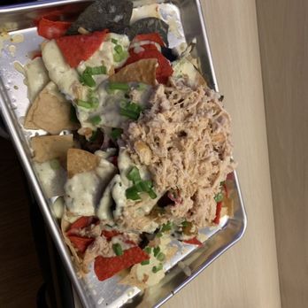 Strike + Reel - Stacked nachos with NASTY CHICKEN!!! - Eatertainment Near Me - Garland, Texas Strike + Reel - Stacked nachos with NASTY CHICKEN!!! - Eatertainment Near Me - Garland, Texas