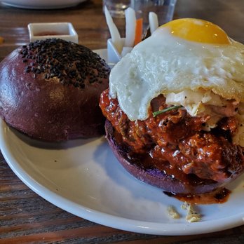 CRAFTkitchen - Korean fried chicken sandwich with a ube bun that tastes/textures like a soft brioche - New American Near Me - Henderson, Nevada CRAFTkitchen - Korean fried chicken sandwich with a ube bun that tastes/textures like a soft brioche - New American Near Me - Henderson, Nevada