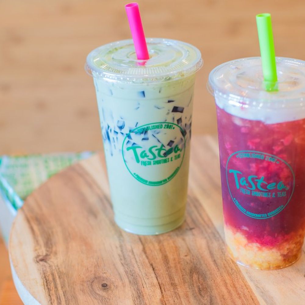 Tastea  - Left- Matcha Milk Tea Right - Peach Me Sweetea - Bubble Tea Near Me - Temecula, California