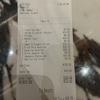 Panda Inn - The bill - A printed receipt from Panda Inn Pasadena, listing various food and drink items, with a total balance due of $153.60. - Chinese Near Me - Pasadena, California