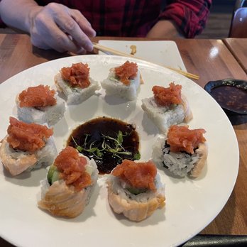 Fire Fish Sushi and More - Baked salmon with spicy tuna with sesame soy sauce - Sushi Bars Near Me - Temecula, California Fire Fish Sushi and More - Baked salmon with spicy tuna with sesame soy sauce - Sushi Bars Near Me - Temecula, California