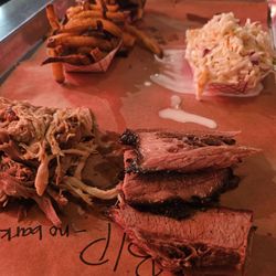 The Cook Combo - Brisket, Pulled Pork, Fries, Cole Slaw, and Bread Pudding.