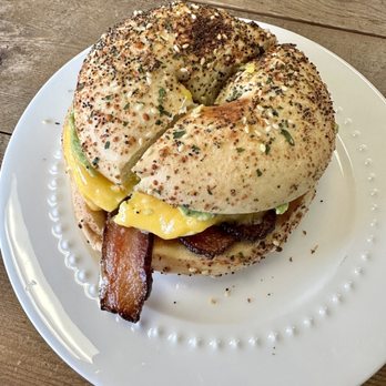 Crema and Bloom - Build your own breakfast bagel - everything bagel, cheddar, bacon, avocado - Coffee & Tea Near Me - Springfield, Oregon