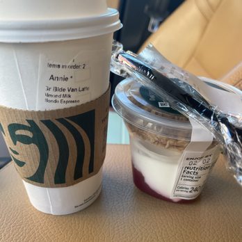 Starbucks - Blonde Vanilla Latte w/almond milk and Berry trio yogurt - Coffee & Tea Near Me - Broken Arrow, Oklahoma