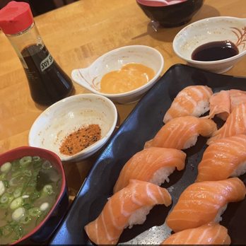 Hokkaido - salmon nigiri and miso soup from the unlimited self serve station :D - Japanese Near Me - Houston, Texas Hokkaido - salmon nigiri and miso soup from the unlimited self serve station :D - Japanese Near Me - Houston, Texas