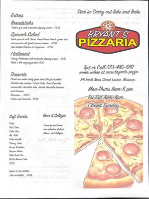 Menu photo 2 Bryants Pizzaria Laurie, MO Menu photo 2 Bryants Pizzaria Laurie, MO